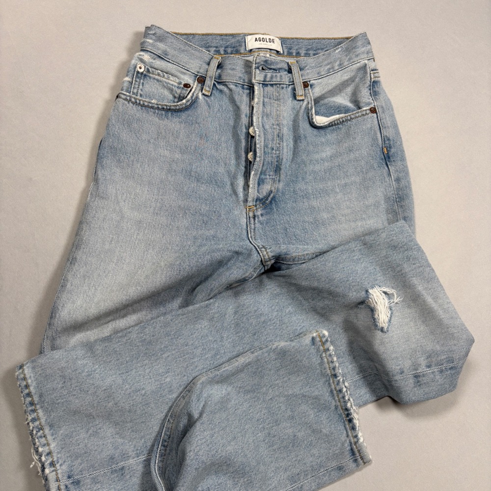 AGOLDE 90s Pinch Waist Jeans‎ Womens 23 Light Blue Distressed Straight Leg Denim